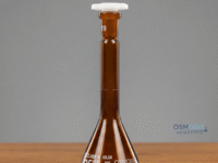 Class A amber trapezoidal base volumetric flask for precise laboratory measurement