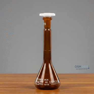 Class A amber trapezoidal base volumetric flask for precise laboratory measurement