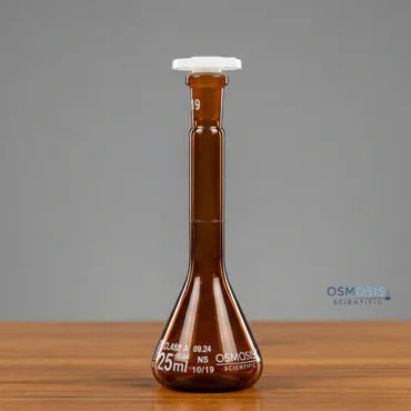 Class A amber trapezoidal base volumetric flask for precise laboratory measurement