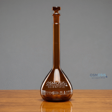 Class A amber volumetric flask with hollow glass stopper for precise laboratory measurement