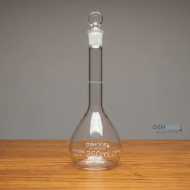 Class A volumetric flask with penny head stopper for precise laboratory measurement