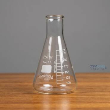 A 250ml clear borosilicate glass Erlenmeyer conical flask with a narrow mouth, white graduation markings, and a labeled area for laboratory use.