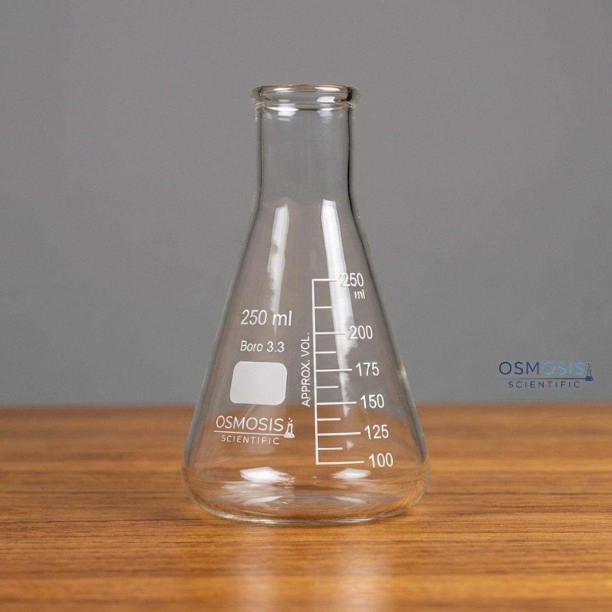 A 250ml clear borosilicate glass Erlenmeyer conical flask with a narrow mouth, white graduation markings, and a labeled area for laboratory use.