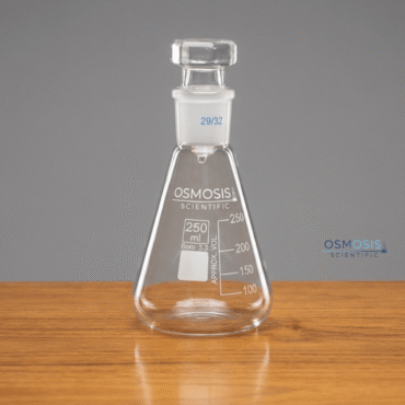 A 250ml clear borosilicate glass Erlenmeyer flask featuring a 24/29 ground glass joint neck and a matching glass stopper for airtight sealing.