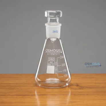 A 250ml clear borosilicate glass Erlenmeyer flask featuring a 24/29 ground glass joint neck and a matching glass stopper for airtight sealing.