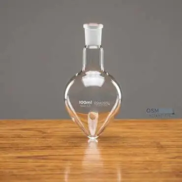 A 100ml clear borosilicate glass pear-shaped flask with a single narrow neck and a 24/29 ground glass joint for laboratory use.
