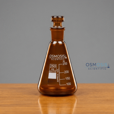 Osmosis Scientific 250ml Amber Erlenmeyer Conical Flask made of Borosilicate 3.3 glass with a narrow mouth and a matching amber hollow glass stopper