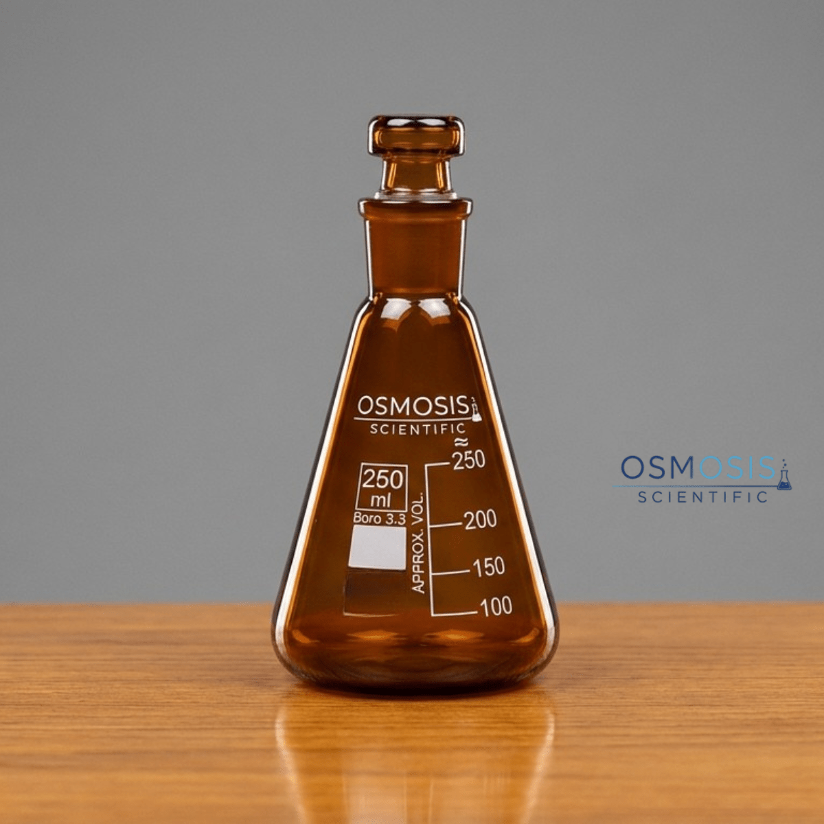 Osmosis Scientific 250ml Amber Erlenmeyer Conical Flask made of Borosilicate 3.3 glass with a narrow mouth and a matching amber hollow glass stopper