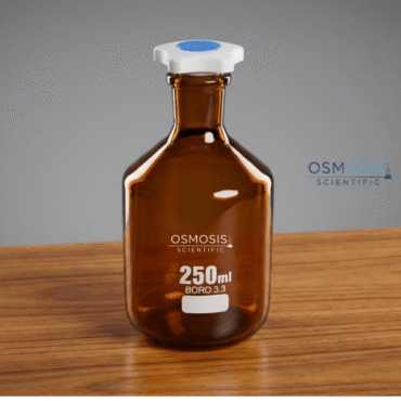 A 250ml amber borosilicate glass narrow-mouth reagent bottle with a ground glass stopper for storing light-sensitive chemicals
