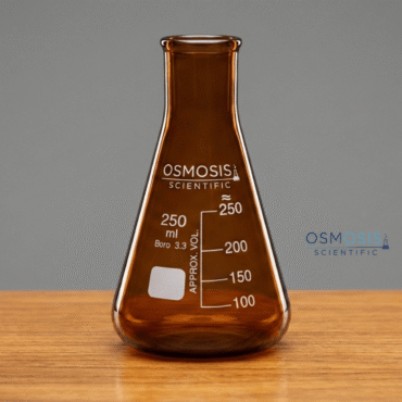 A 250ml amber borosilicate glass Erlenmeyer conical flask with a narrow mouth, white graduation marks, and a labeling patch for light-sensitive liquids.