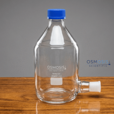 2000ml clear borosilicate glass aspirator bottle with a blue GL45 screw cap and a ground glass socket side arm.