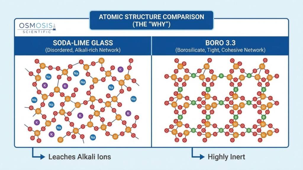 Atomic structure comparison diagram showing molecular network differences between soda-lime glass and borosilicate 3.3 glass