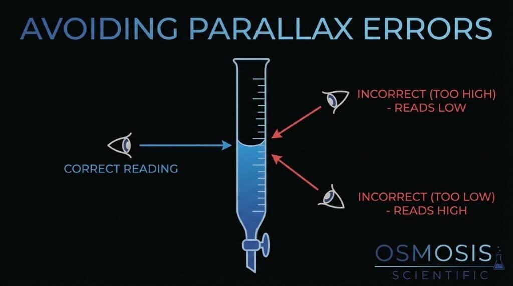 Diagram illustrating parallax error in laboratory glassware, showing how looking up or down at a meniscus creates an incorrect volume reading compared to the correct eye-level alignment.