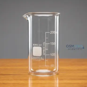 Osmosis Scientific 250ml Berzelius tall form beaker made of Borosilicate 3.3 glass with a pouring spout and white volume graduations