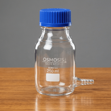 A 250ml clear borosilicate glass aspirator bottle featuring a blue GL45 screw cap and a bottom side tubulation for connecting tubing