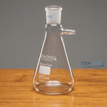A 250ml borosilicate glass Buchner flask with a ground glass joint neck and a side hose barb for vacuum filtration.