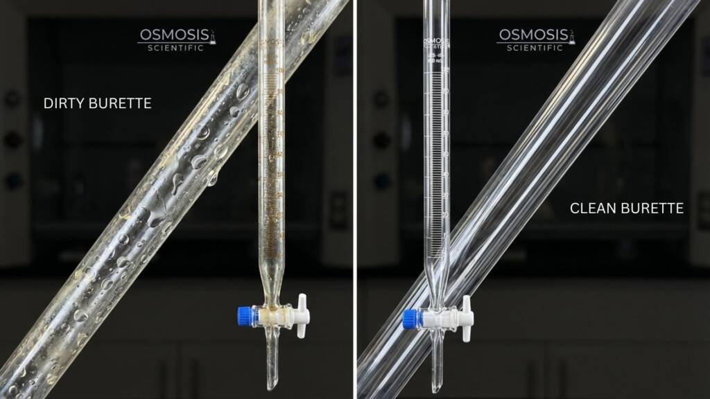 Clean vs dirty burette comparison - water beading indicates grease contamination vs continuous film for Class A accuracy
