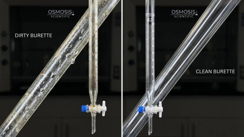 Clean vs dirty burette comparison - water beading indicates grease contamination vs continuous film for Class A accuracy