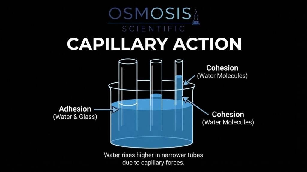 Technical diagram of capillary action showing water rising in glass tubes of different diameters due to adhesion and cohesion forces.