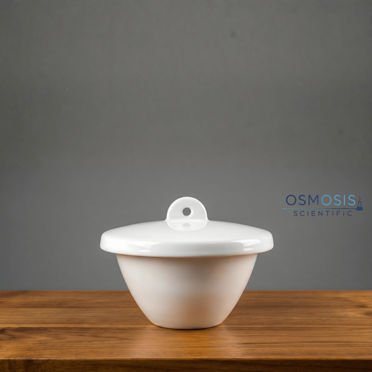 A white porcelain laboratory crucible with a matching lid featuring a loop handle, used for high-temperature chemical heating.