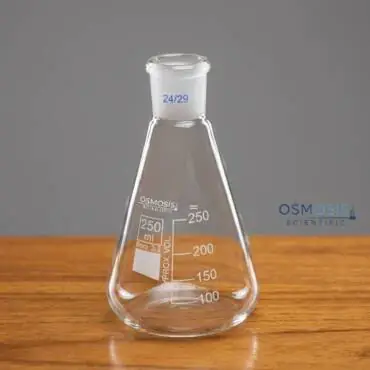A 250ml clear borosilicate glass conical flask featuring a 24/29 ground glass joint neck and white graduation markings.