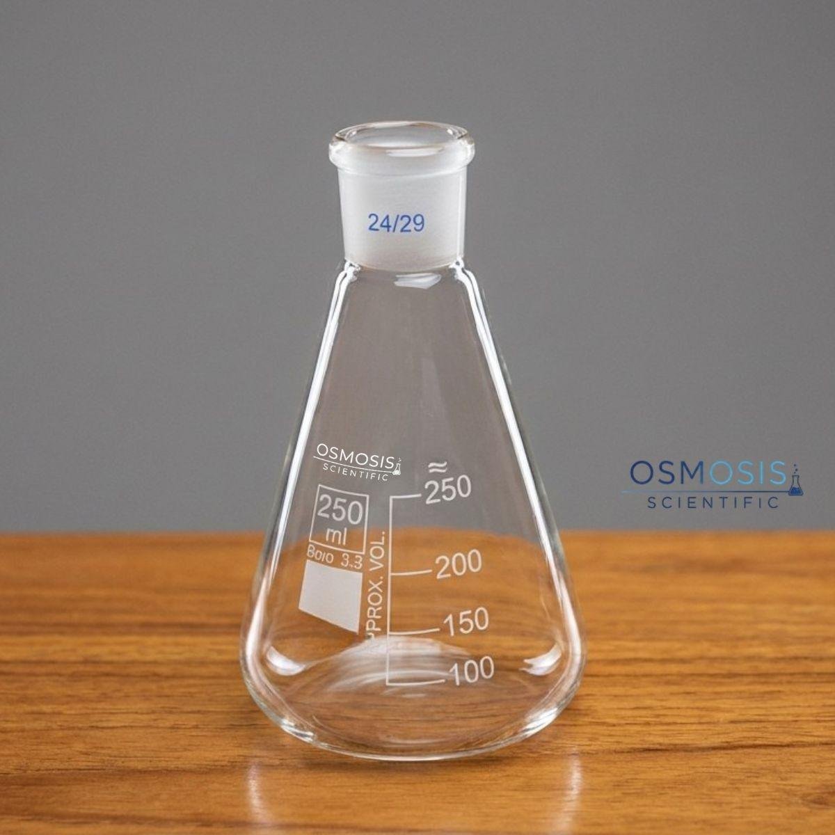 A 250ml clear borosilicate glass conical flask featuring a 24/29 ground glass joint neck and white graduation markings.
