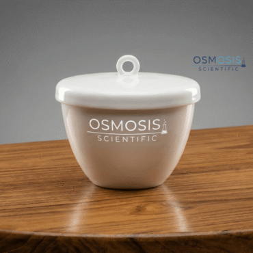 A white glazed porcelain laboratory crucible with a matching lid, featuring the Osmosis Scientific logo, resting on a wooden surface.