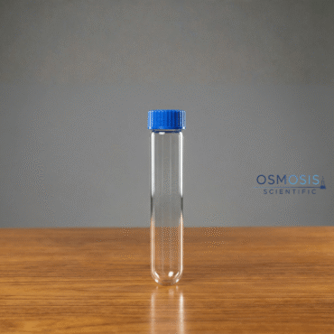 A clear glass laboratory culture test tube with a blue plastic screw cap, standing upright on a wooden surface.