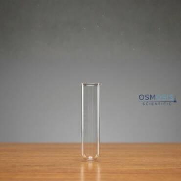 A clear, reusable glass test tube without a rim, featuring Osmosis Scientific branding for laboratory use.