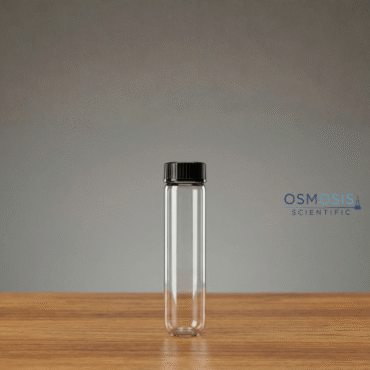 A clear disposable borosilicate glass culture tube with a black screw cap, shown standing upright on a wooden surface.