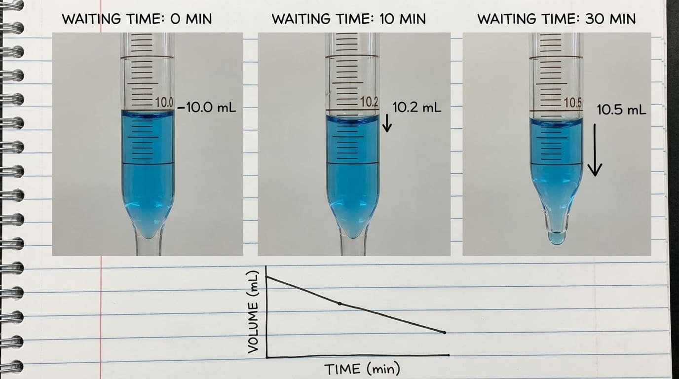 A comparative scientific demonstration showing how the meniscus level in a glass burette changes from 10.0 mL to 10.5 mL over a 30-minute waiting period due to liquid drainage.