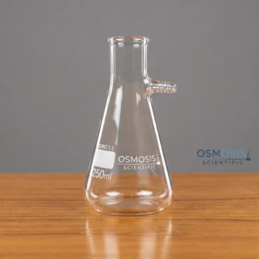 : A 250ml clear borosilicate glass Buchner filtering flask with a side hose barb for vacuum suction.