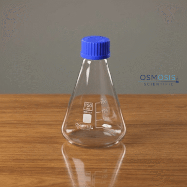 A 150ml clear borosilicate glass Erlenmeyer conical flask featuring a blue GL screw cap, white graduation markings, and a white labeling patch.