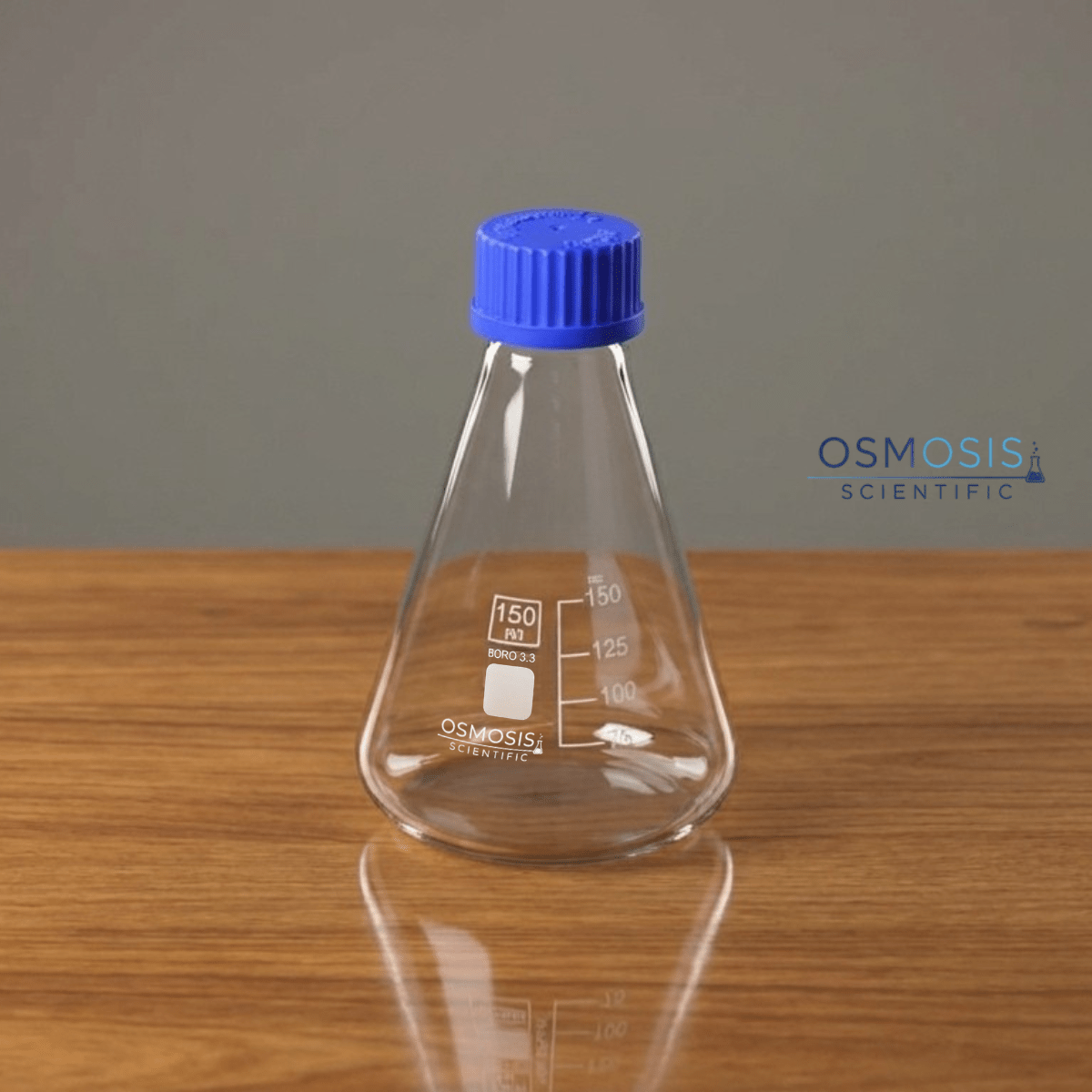 A 150ml clear borosilicate glass Erlenmeyer conical flask featuring a blue GL screw cap, white graduation markings, and a white labeling patch.