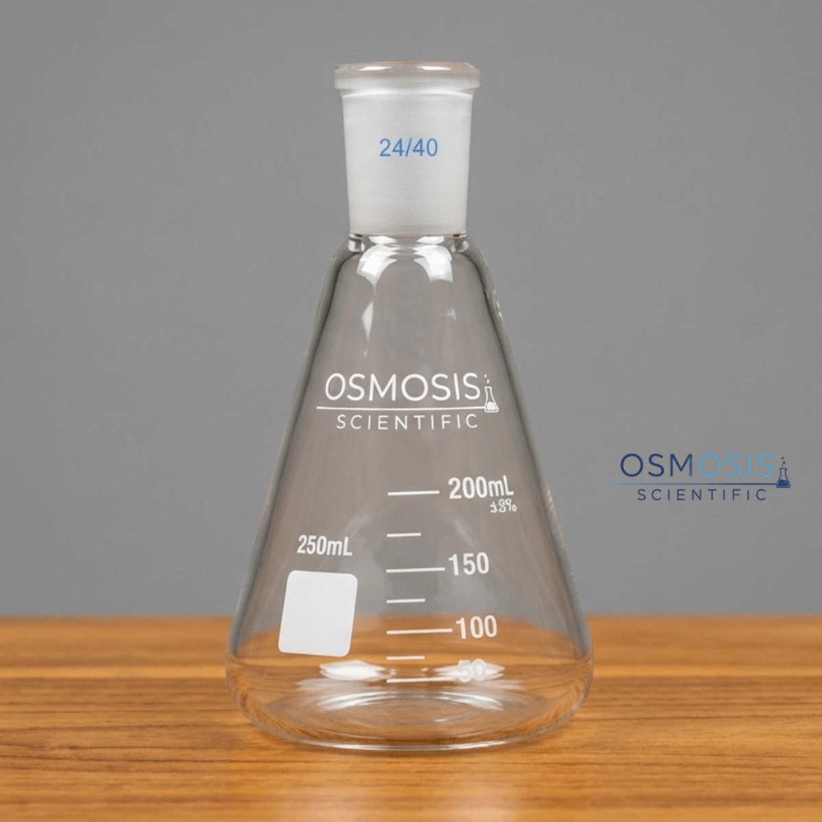 Osmosis Scientific 250ml Erlenmeyer flask featuring a 24/40 ground glass joint and white volume graduations on a wooden surface.
