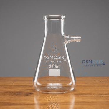 Osmosis Scientific 250ml Flask Filter with Glass Connector (ASTM Standard) featuring heavy-wall borosilicate glass and side arm on a wooden surface.