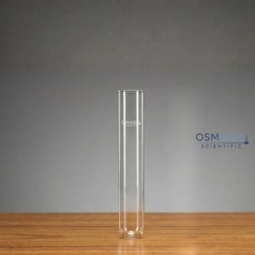 A clear borosilicate glass test tube without a rim, featuring the Osmosis Scientific logo, resting on a wooden surface