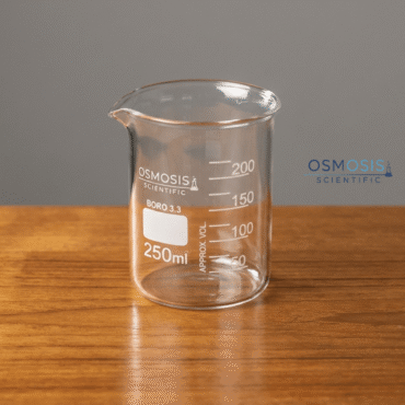 Osmosis Scientific 250ml Griffin low form beaker made of Borosilicate 3.3 glass with a pouring spout