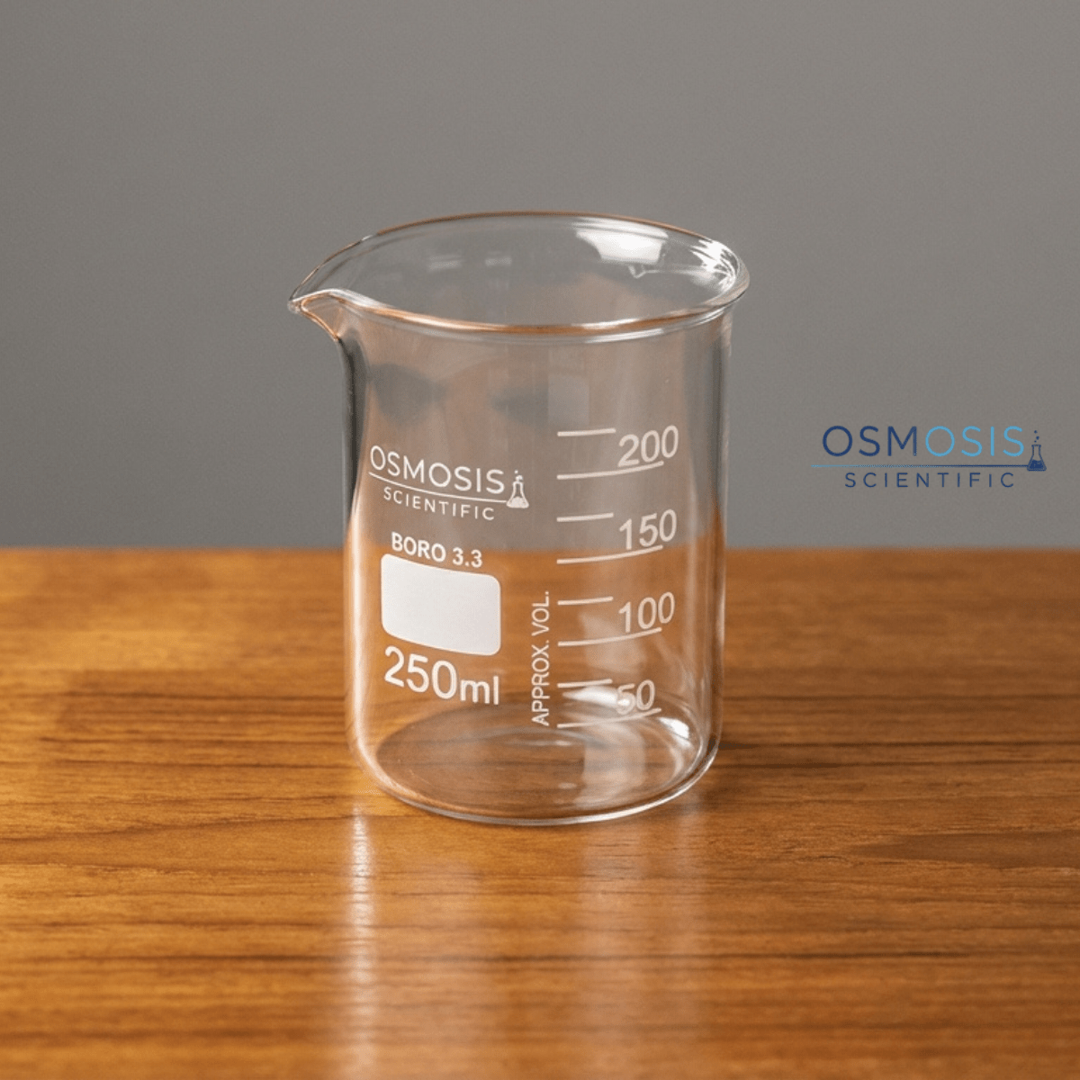 Osmosis Scientific 250ml Griffin low form beaker made of Borosilicate 3.3 glass with a pouring spout