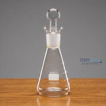 A 250ml clear borosilicate glass iodine flask featuring a conical body, a wide neck with a ground glass stopper, and white graduation markings.
