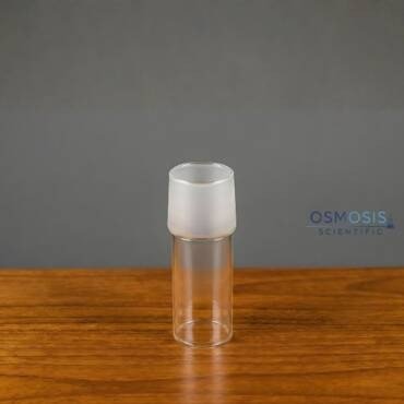 A clear borosilicate glass socket (female) joint with a precision-ground frosted interior and a plain unprinted body, manufactured to DIN/ISO standards.
