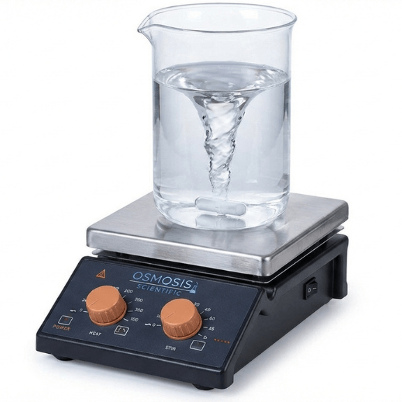 Magnetic stirrer with analog hotplate and stainless steel top plate stirring liquid in beaker – Osmosis Scientific laboratory equipment