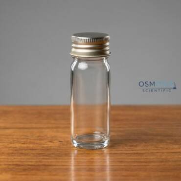 A 30ml clear borosilicate glass McCartney culture bottle with a screw cap, designed for microbiological media storage and bacterial growth.