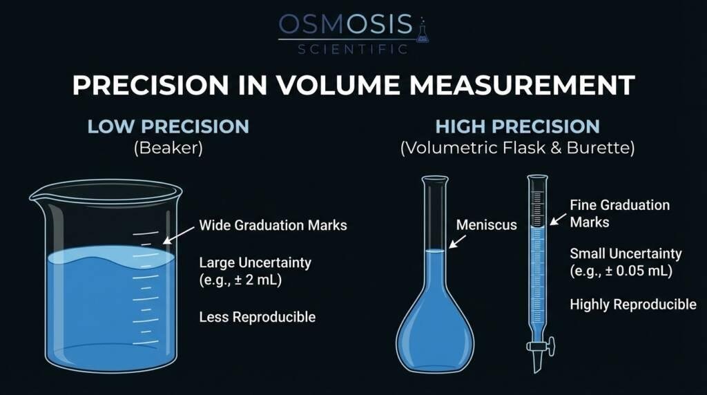 Technical illustration showing the correct alignment of the eye with the bottom (nadir) of a concave meniscus in a volumetric flask to ensure precise volume measurement