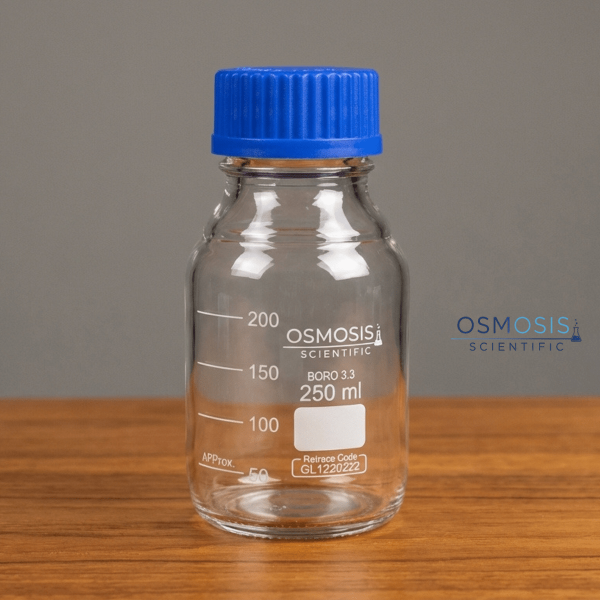 A 250ml clear borosilicate glass reagent bottle with a blue GL45 screw cap