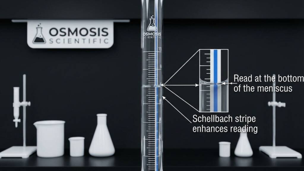 Schellbach stripe on Borosilicate burette for accurate meniscus reading - Osmosis Scientific Laboratory Burette Guide
