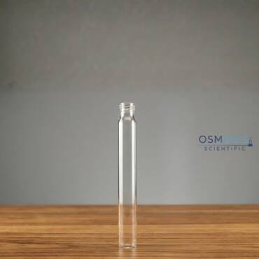 A tall, slender clear borosilicate glass tube featuring a threaded screw neck and a flat bottom.