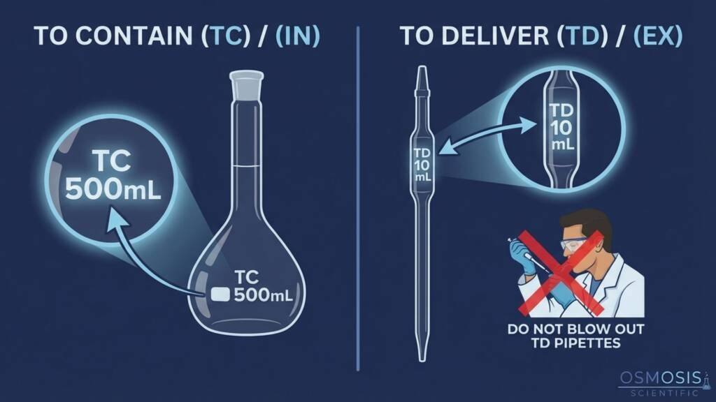 Close-up comparison of TC (To Contain) markings on a volumetric flask and TD (To Deliver) markings on a graduated pipette.