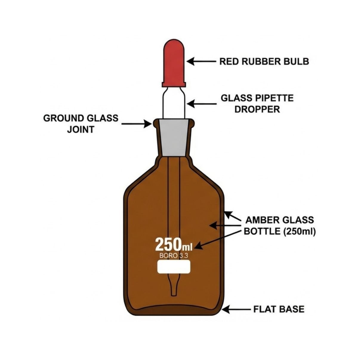 A technical labeled diagram of a 250ml amber borosilicate glass dropping bottle, showing the red rubber bulb, glass pipette dropper, and ground glass joint.