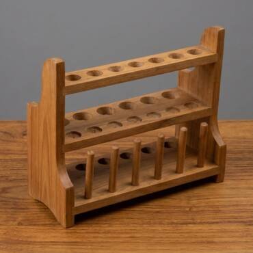 Wooden test tube stand with two-tier design and draining pins for laboratory use
